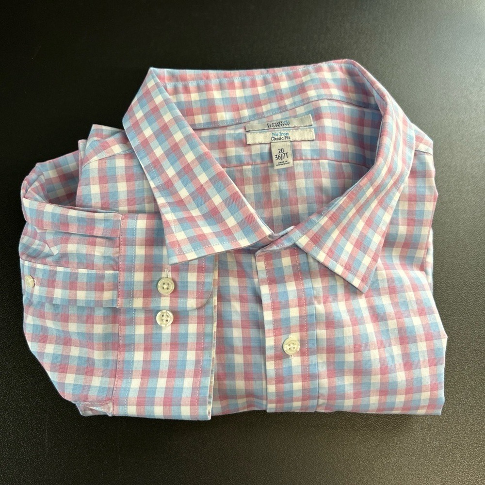 Men's 20 (36/7T) Button Up Shirt No Iron‎ Classic Fit Blue Pink Check Colorful